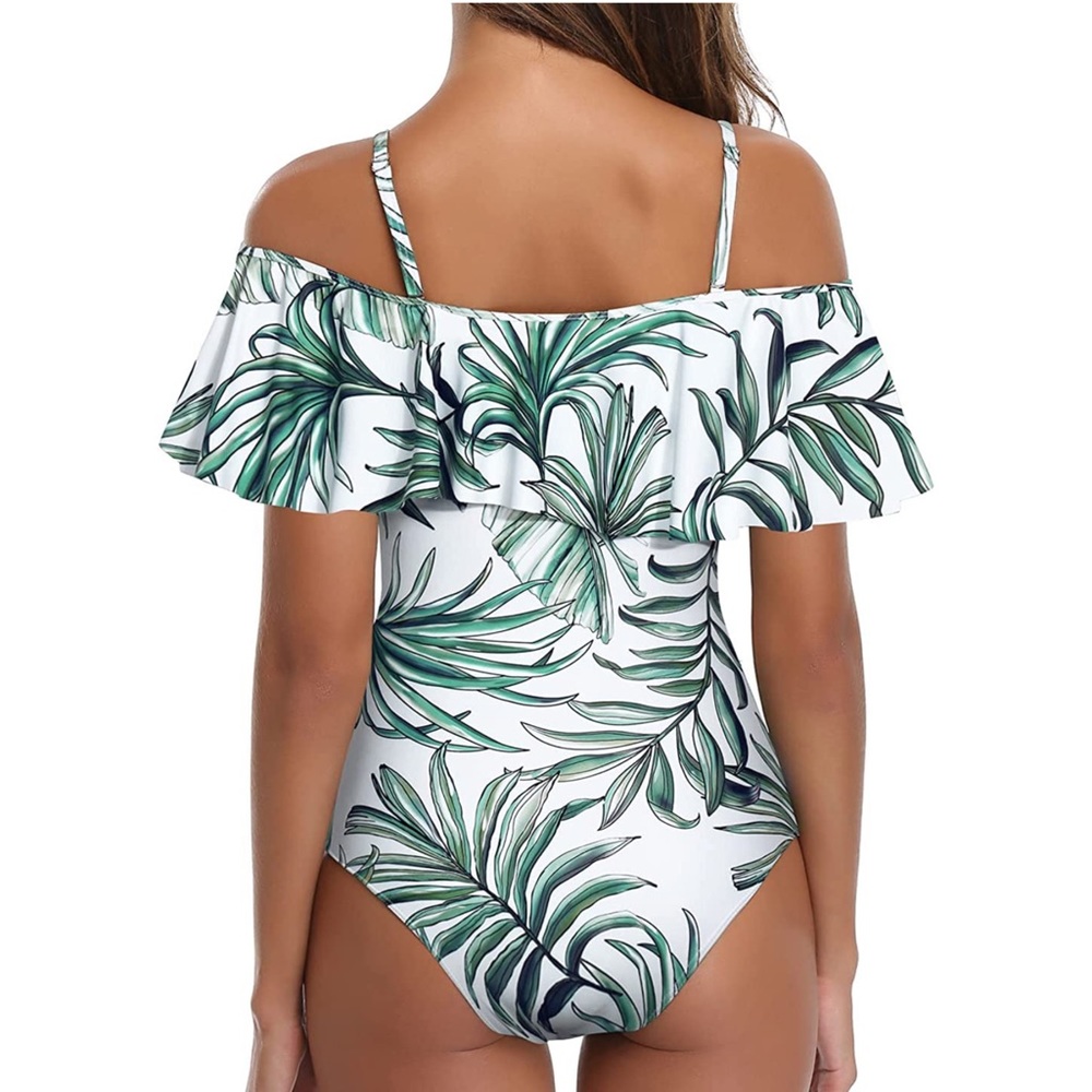 Striking One Piece Off-Shoulder Bathing Suit Tropical Leaf - Picture 2 of 6